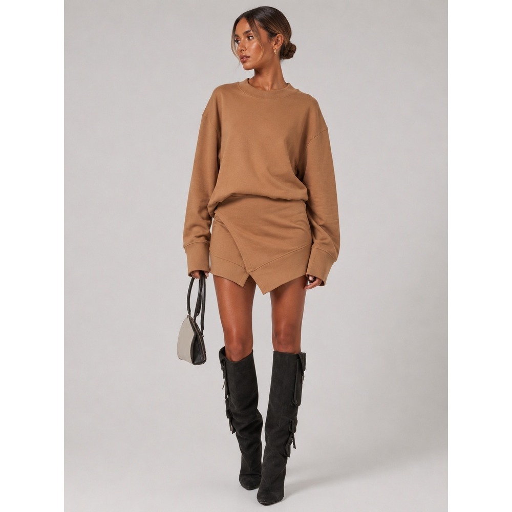 The The Attico Camel Brown Cotton Mini Sweatshirt Dress IT 44 M NWOT New